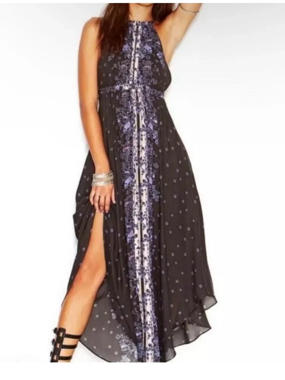 Free People Black Halter High-Low Maxi Dress with Lavender Print